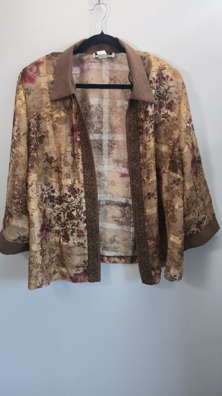 Vintage Leslie Fay 20W Floral Brocade Jacket 3/4 Sleeve Ornate Trim Elegant